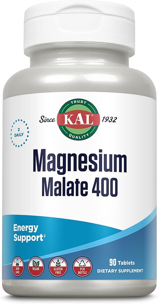Malate de magnésium KAL 400mg, supplément de magnésium chélaté avec acide malique, soutien de l'énergie saine et de la fonction musculaire, absorption accrue, végétalien, non-OGM, 45 portions, 90 onglets veg