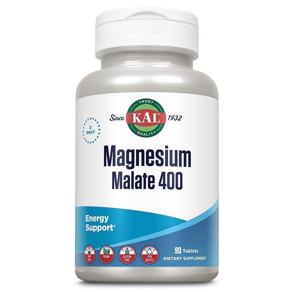 Malate de magnésium KAL 400mg, supplément de magnésium chélaté avec acide malique, soutien de l'énergie saine et de la fonction musculaire, absorption accrue, végétalien, non-OGM, 45 portions, 90 onglets veg