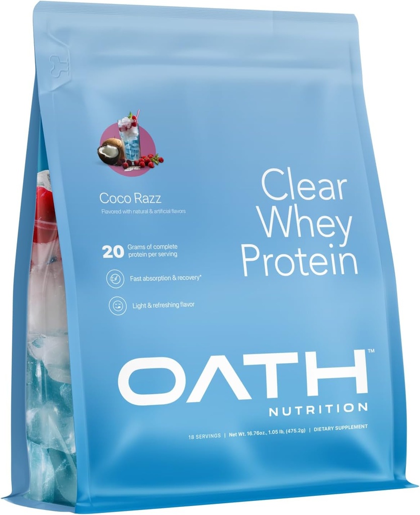 Oath Nutrition Clear Whey Isolate Protein Powder, Coco Razz, 20g Complete Protein per Serving, No Added Sugar, Grass-Fed, 18 Servings