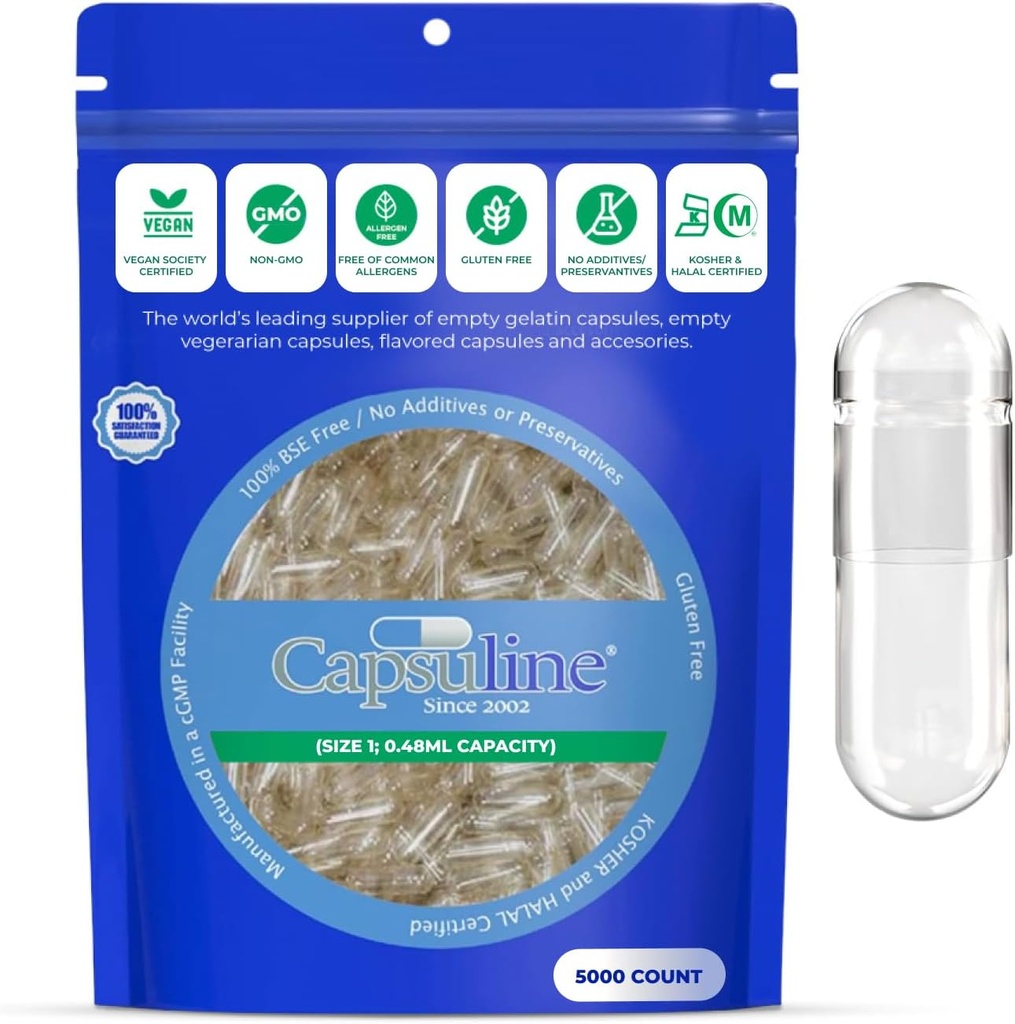 Capsuline Taille 1 - Effacer Capsules Vegan vides - 5000 Compte - Capsules de pilules Veggie vides - Garniture de capsules végétales Bricolage - Bouchons vides - Certifiés kasher et halal - Non-OGM