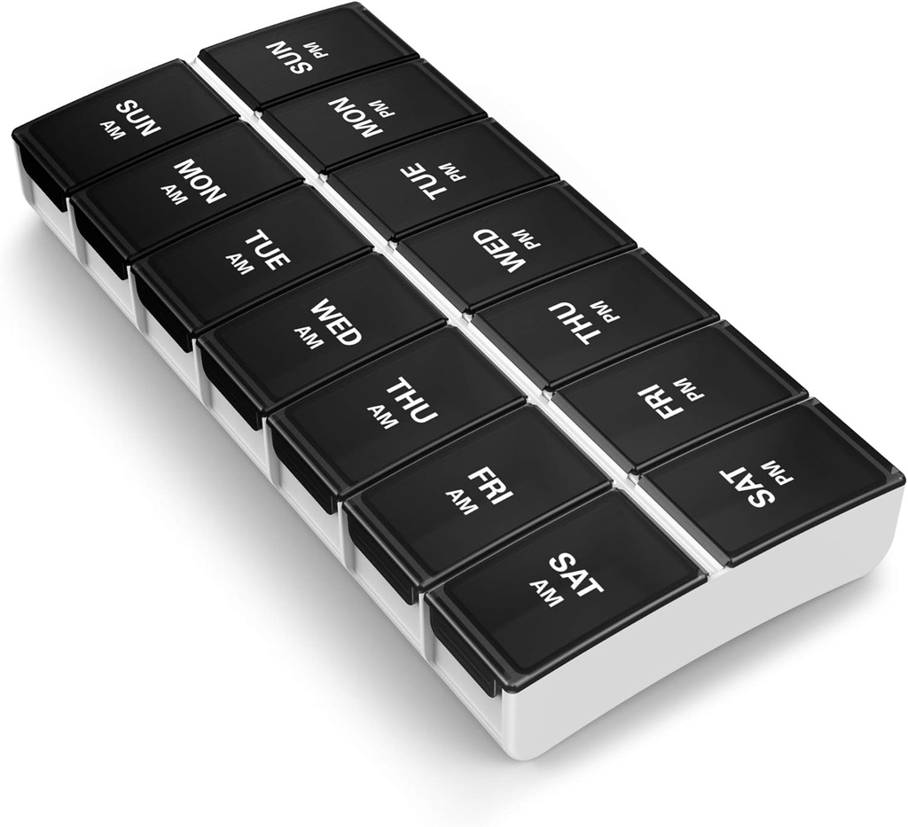 Organisateur de pilules BUG HULL 7 jours AM/PM - Pill Box portable, étui de voyage, noir