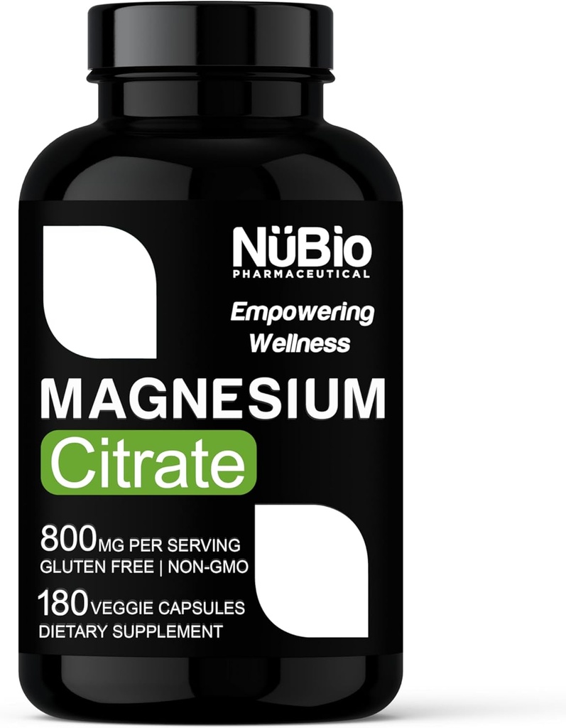 USA Made Vegan Magnesium Citrate 400mg Capsules (Citrato de Magnesio) Sans OGM et sans gluten, supplément de magnésium pour aide au sommeil, cerveau, santé cardiaque, force osseuse, métabolisme et stress par NüBio