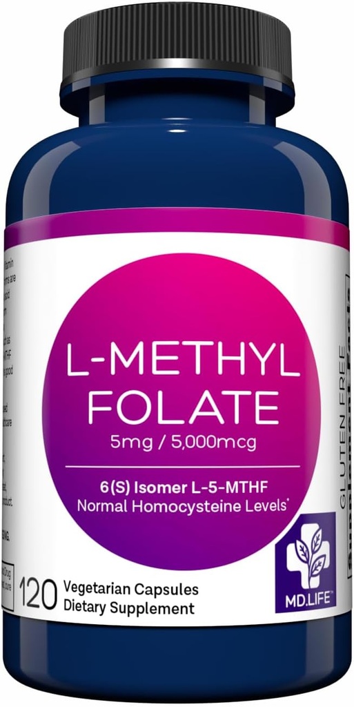 MD Life L-méthylfolate Supplément de 5 mg - Supplément de méthylfolate actif de catégorie professionnelle - 120 capsules - L-méthylfolate 5 mg - Potence maximale MTHFR W/acides aminés essentiels