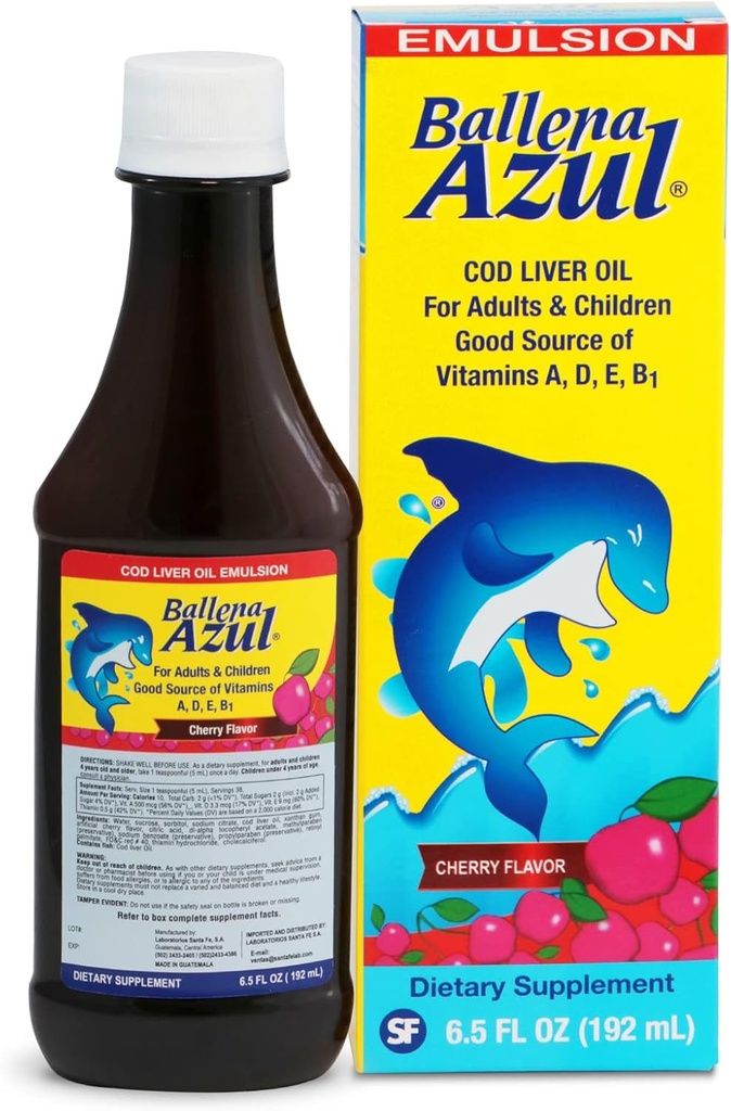 Ballena Azul Aceite de Hígado de Bacalao para Adultos y Niños, huile de foie pour adultes et enfants, bonne source de vitamines A,D,E, B1, supplément alimentaire, Omega 3
