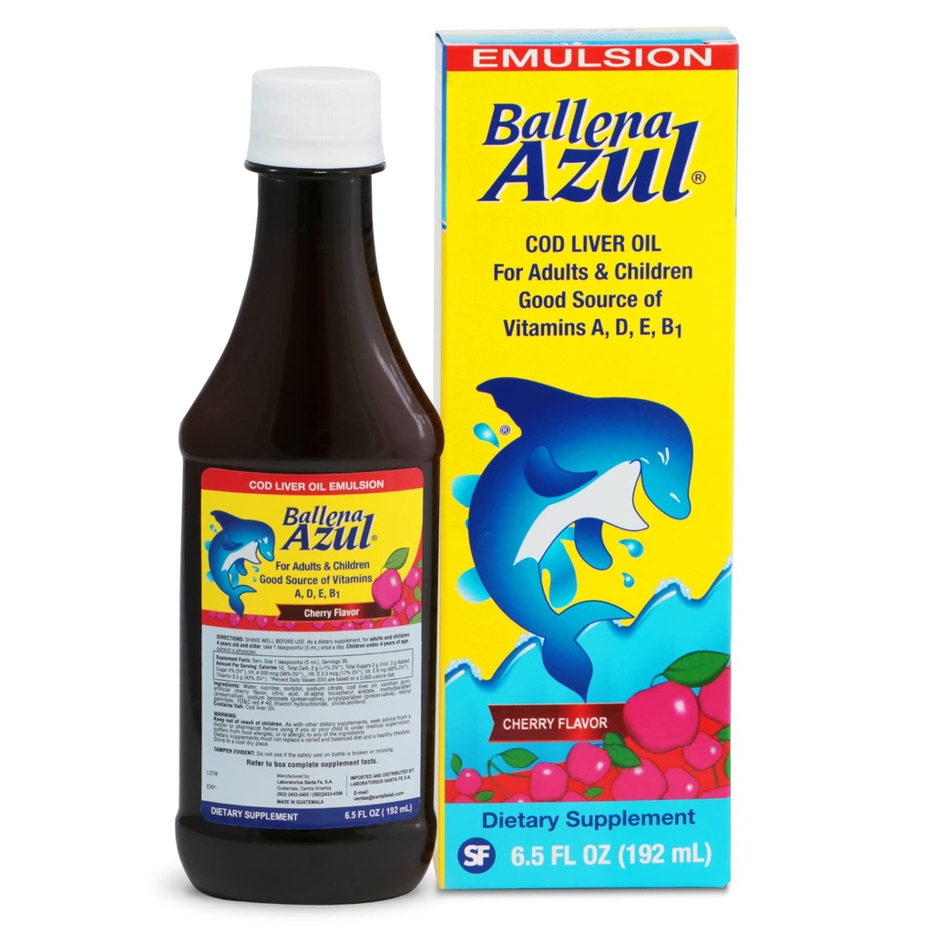 Ballena Azul Aceite de Hígado de Bacalao para Adultos y Niños, huile de foie pour adultes et enfants, bonne source de vitamines A,D,E, B1, supplément alimentaire, Omega 3