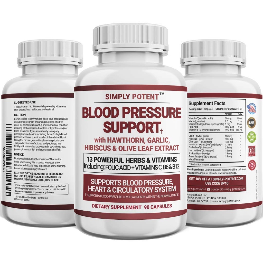 Suppléments de soutien de la pression artérielle - Coeur en santé, Cholestérol, Cardio, Hypertension, Forte BP - 13 Vitamines et herbes - Acide folique, Vitamines C B6 et B12, Aile de feuille d'olive Hawthorn Hibiscus, 90 Capsule