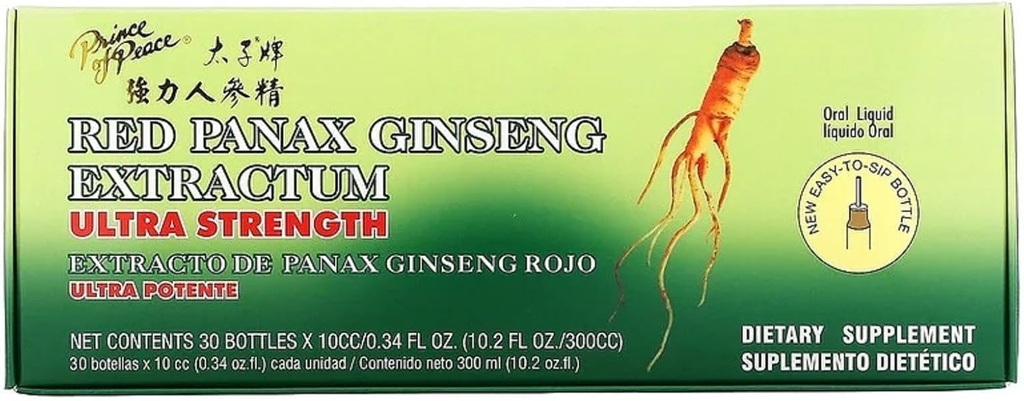 Prince Of Peace Red Panax Ginseng Extractum Ultra Strength, 0.34 fl. oz. Each – Brain Boosting Supplement – Red Panax Ginseng Shots – Support Energy, Mood, & Focus - 2 Pack - 20 Bottles