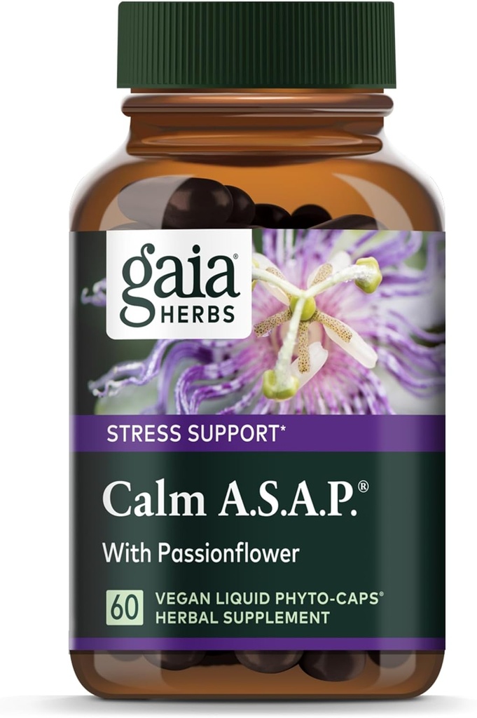 Gaia Herbs Calm A.S.A.P. Stress Support Supplement - with Skullcap, Passionflower, Chamomile, Vervain, Holy Basil & More to Support a Natural Calm - 60 Vegan Liquid Phyto-Capsules (20-Day Supply)