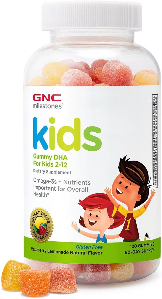 GNC Milestones Kids DHA Gummies, Kids Ages 2-12, Omega-3s, Fonction et développement des yeux et du cerveau, Vitamine A & D, Dents et os sains, sans gluten, sans arômes artificiels, citron de framboise, 120 Gummies