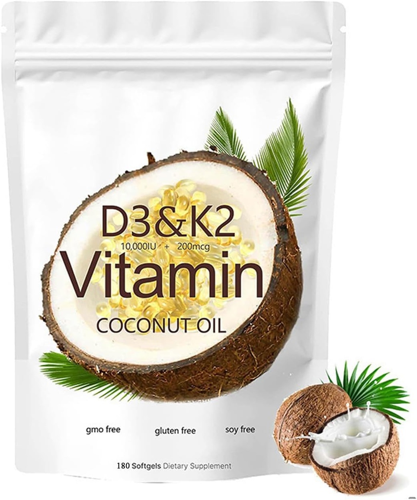 2-en-1 Vitamine D3 K2 Supplément Softgel, 10000 UI VIT D3 + 200 MCG Vitamine K2 (180 Pcs)