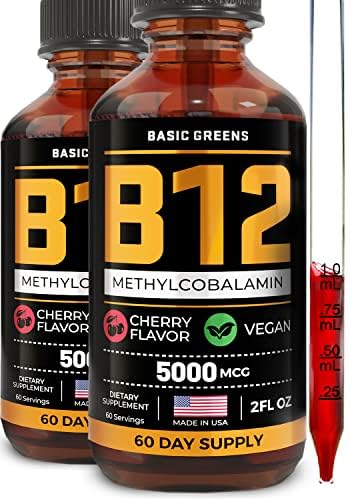 Vitamine B12 gouttes liquides sublinguales 5000 mcg – supplément de méthyle végétal B-12 pour énergie et focus – B 12 vitamine pour les femmes et les hommes – absorption rapide de méthylcobalamine – 120 portions – 4 fl oz
