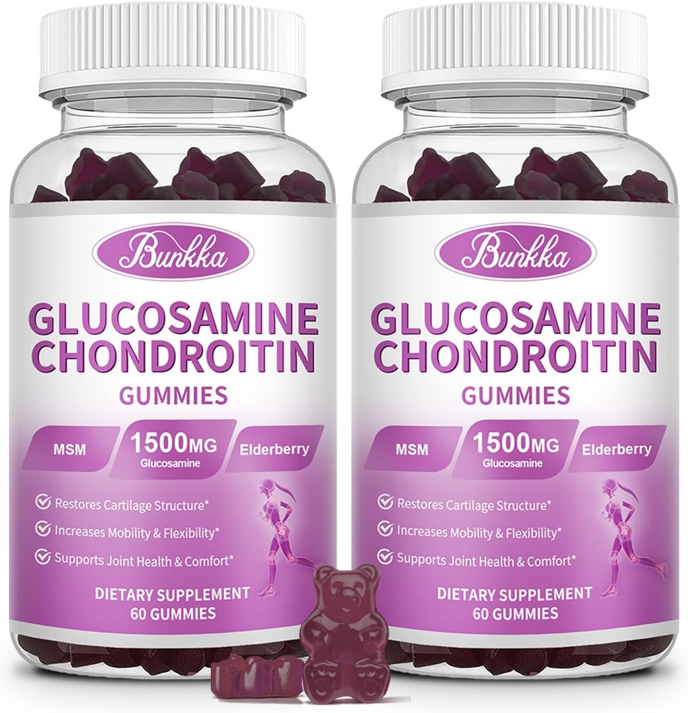 2 Pack Glucosamine Chondroïtine Gommies Extra Strength w/MSM,Elderberry, supplément de soutien mixte analuronique pour femmes, hommes, adultes-antioxydants pour confort et mobilité conjoints