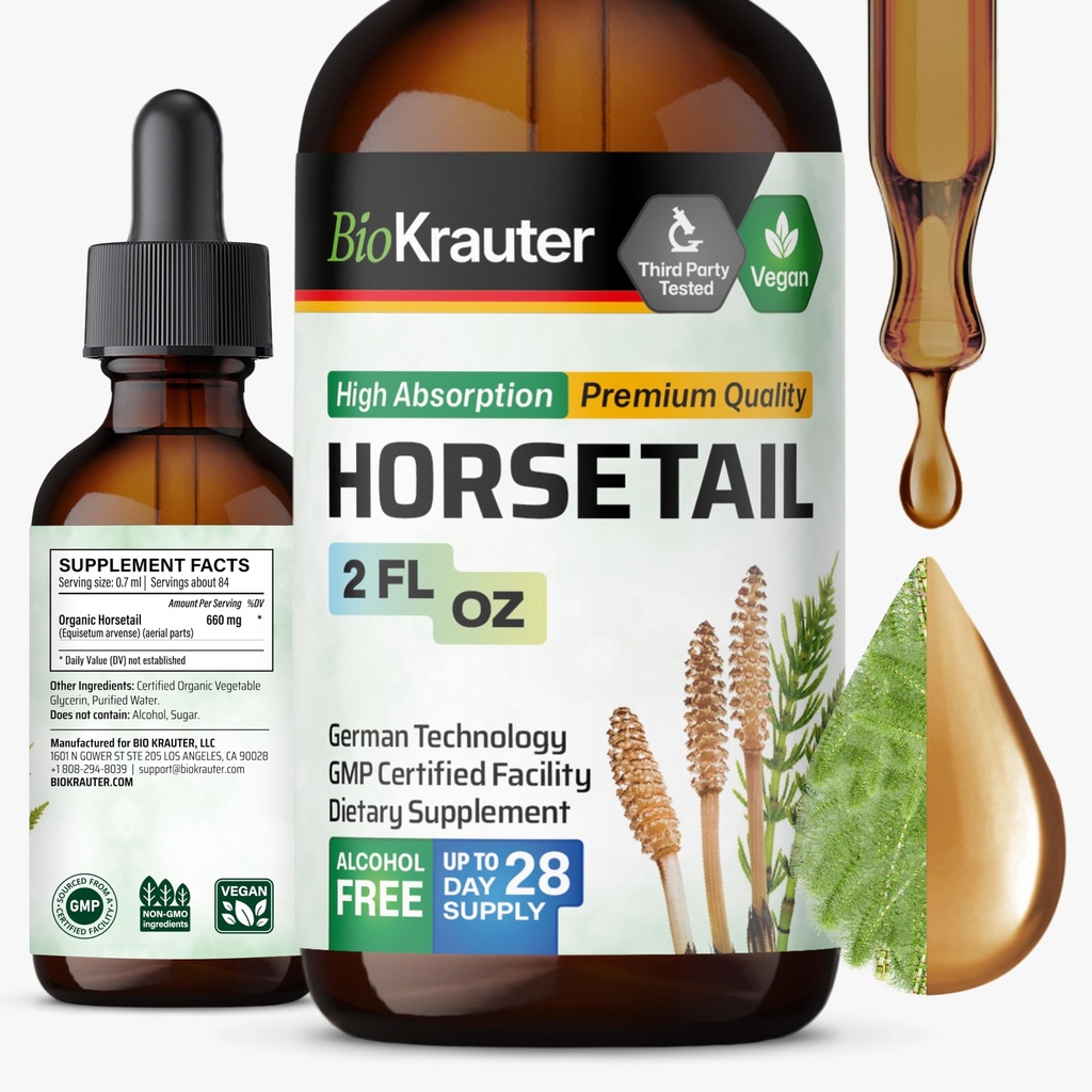 BIO KRAUTER Teinture de queue de cheval - Herbe de queue de cheval pour le soutien des cheveux - Ingrédients purs - Sans alcool et sans sucre gouttes de végétalien 2 Fl.Oz.