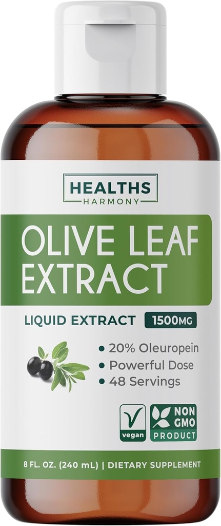 Extrait de feuille d'olive (non-OGM) Super résistance: 20% Oleuropein - 1500mg - Végétarien - Supplément de soutien immunitaire, la santé de la peau, et puissant supplément antioxydants - Extrait liquide - 8 Fl Oz