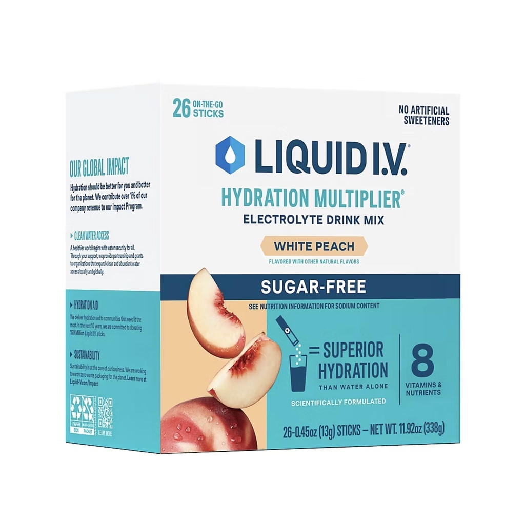 Liquid I.V. Hydratation sans sucre Multiplieur pêche blanche - 26 bâtonnets (1)