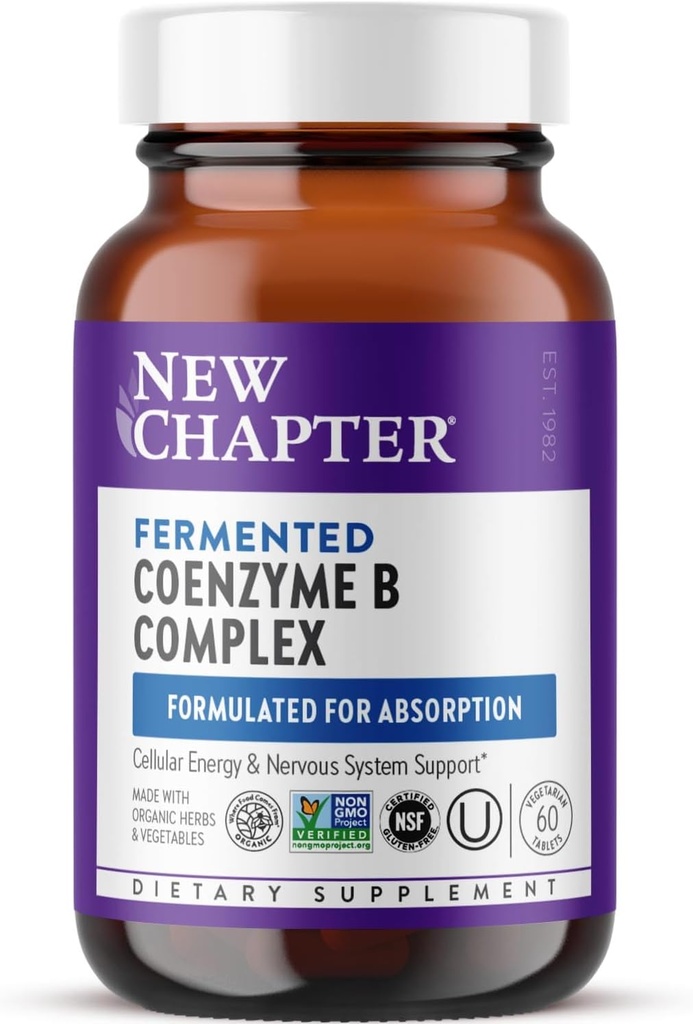 Nouveau chapitre Complexe vitamine B – Complexe Coenzyme B fermenté Riche en vitamine B12 + Vitamine B6 + Biotine + Fabriqué avec des ingrédients organiques - 60 ct