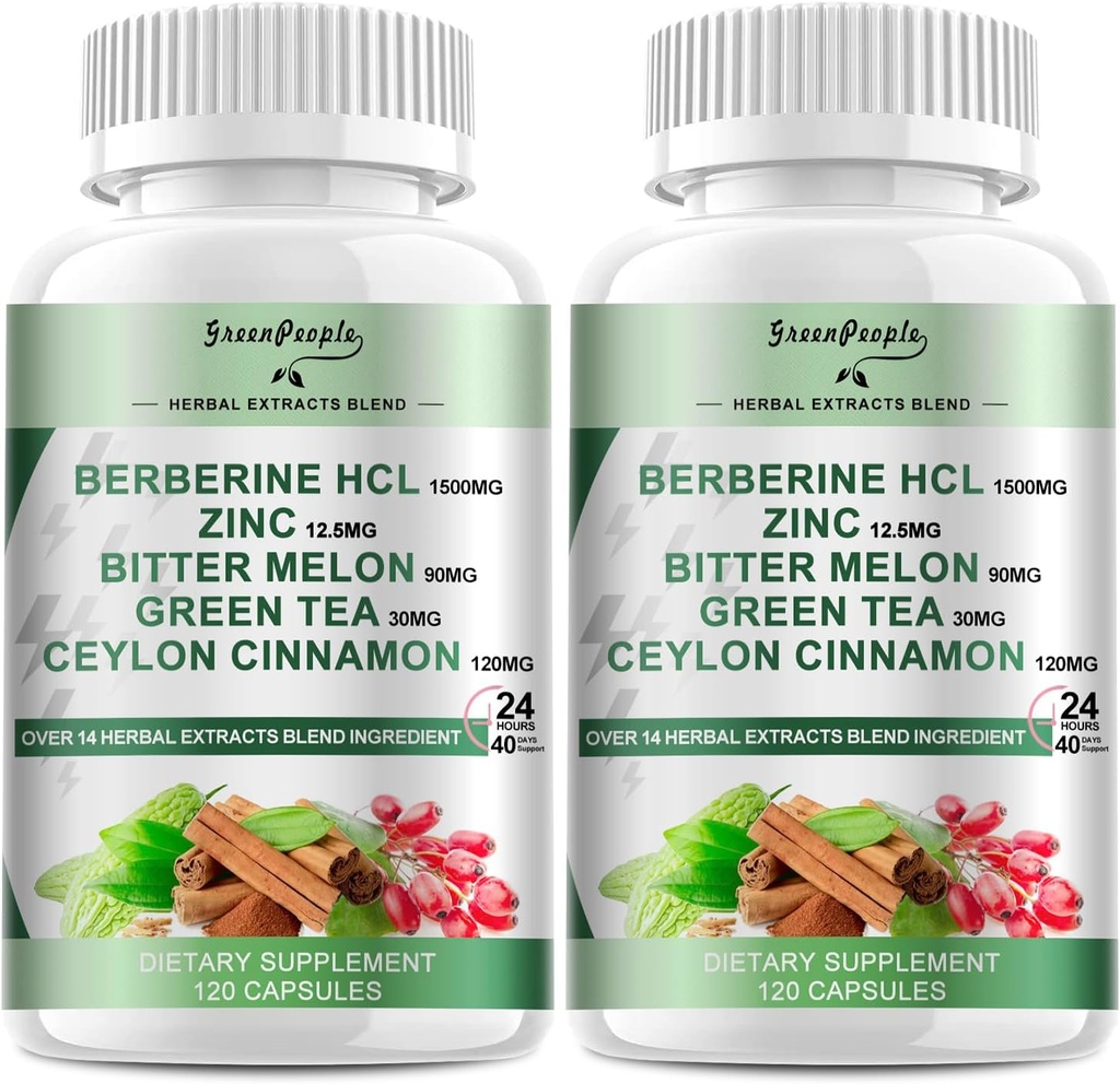 GREENPEOPLE Berberine Supplement with Ceylon Cinnamon - 120 Count Berberine 1500mg Berberine HCL Capsules with Bitter Melon/Artichoke Extracts & Natural Herbs for Immune Support 2 Pack