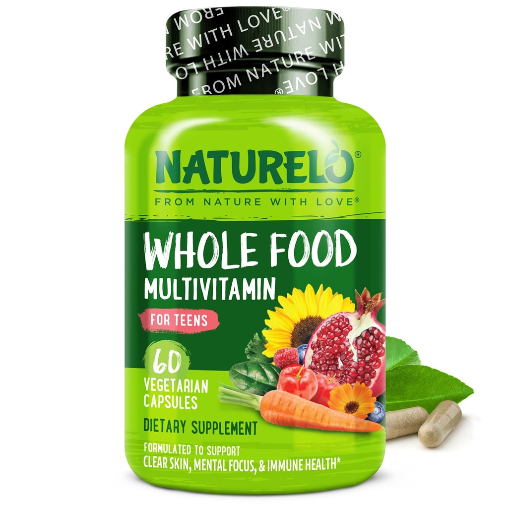 NATURELO Multivitamines pour adolescents filles/garçons, 60 capsules, Multivitamine alimentaire complète avec minéraux, non-OGM, végétarien