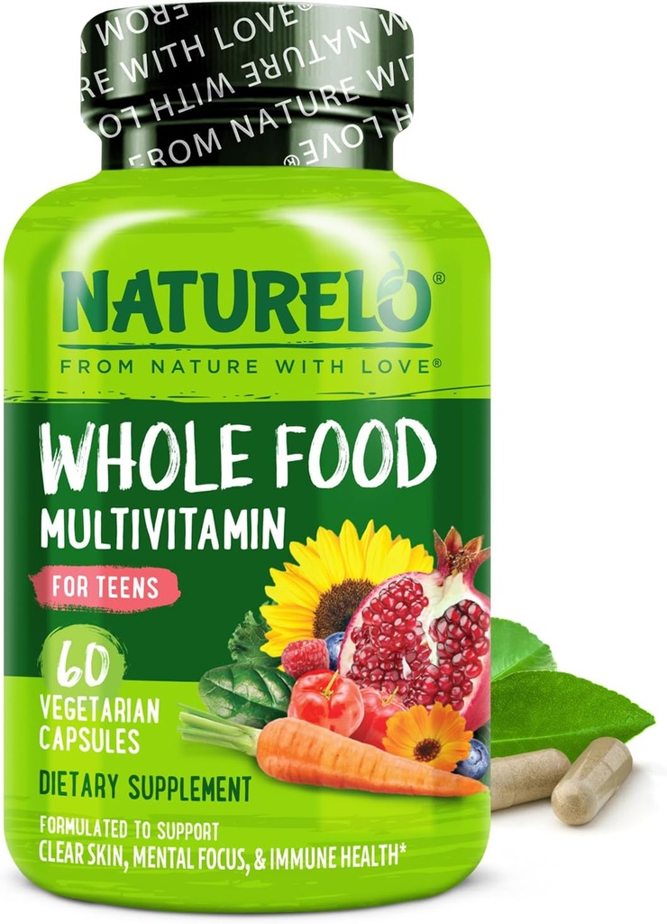 NATURELO Multivitamines pour adolescents filles/garçons, 60 capsules, Multivitamine alimentaire complète avec minéraux, non-OGM, végétarien