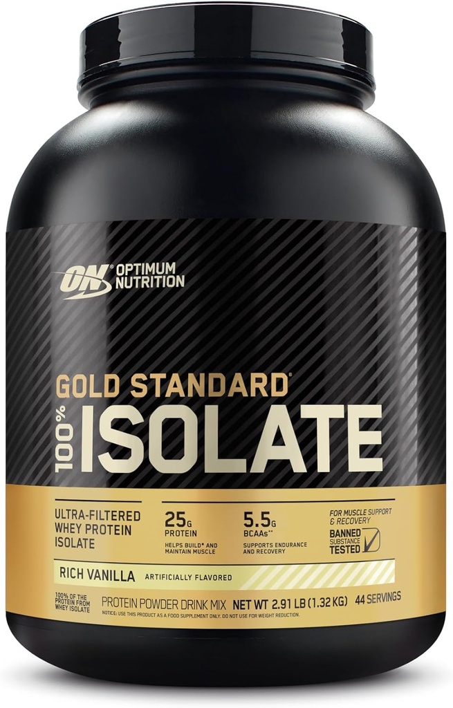 Optimum Nutrition Or Standard 100 % isolat, poudre de protéines, vanille riche, 2,91 livres, 44 portions. Isolation des protéines de lactosérum (paquetage mai Vary)
