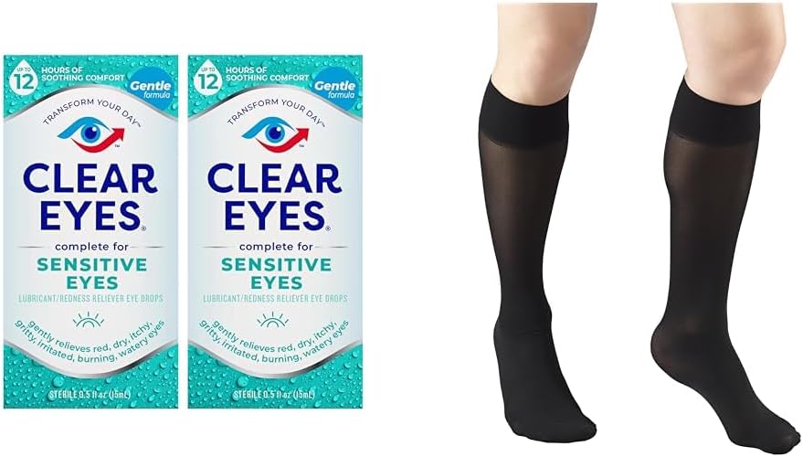 Effacer les yeux Drops oculaires sensibles 2 Pack & Truform Sheer Compresse Bas Knee Femme High 20 Denier Noir Moyen