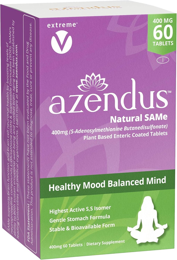 Azendus SAM-e Mood Support 400mg, 60 Compte, même Butanedisulfonate Fibre Enteric Comprimés enrobés