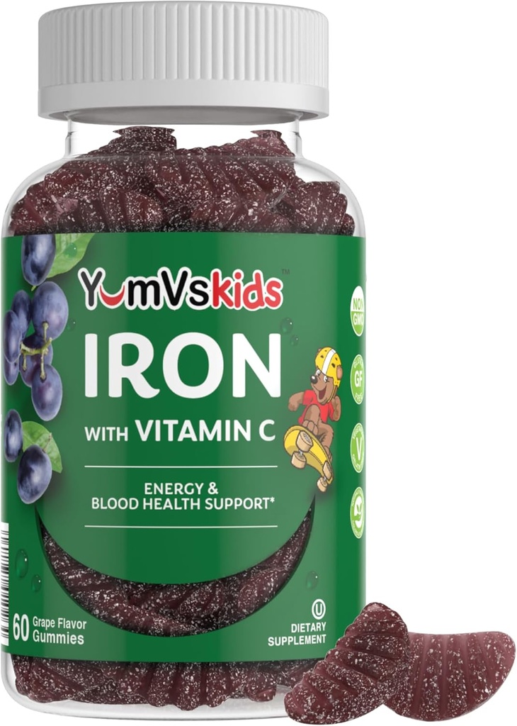 Supplément en fer pour les enfants – 5 mg Gummies pour les enfants avec vitamine C – Gummies à la crème de raisin – Soutient la santé immunitaire et aide à la carence en fer – Vegan, Kosher, non-OGM – 60 Compte