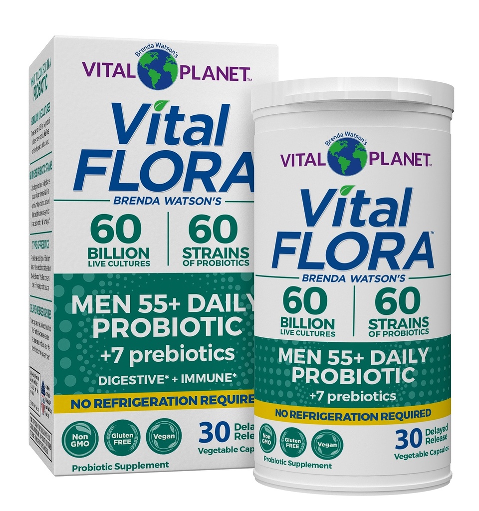 Vital Planet - Vital Flora Men Plus de 55 Probiotiques quotidiens, 60 Million CFU, Diverses souches, Prébiotiques organiques, Soutien immunitaire, Probiotiques stables du plateau digestif pour les hommes, 30 Capsules