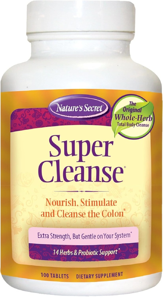 Nature's Secret Super Cleanse Extra Strength Total Body Cleanse, Support - Mélange stimulant de 14 herbes avec des probiotiques - 100 comprimés