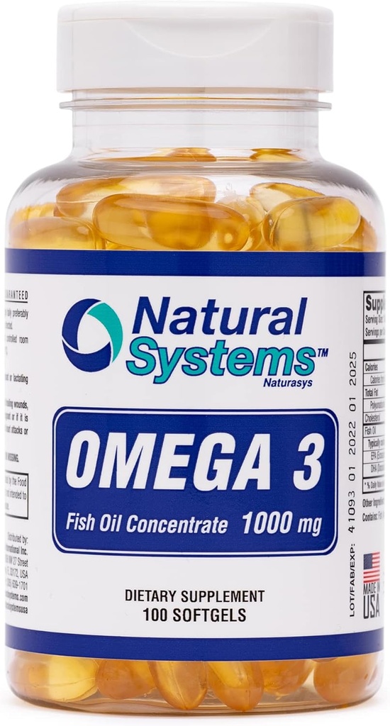 Omega 3 1000mg Fish Oil 100 Concentrated Softgels by Natural Systems - Omega 3 Supplements - Capsules for Daily Diet - EPA - DHA - Perfect for Heart, Eye, Brain and Joints Support*