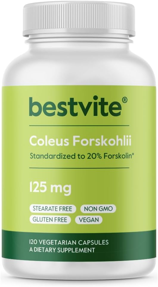 BESTVITE Coleus Forskohlii 125 mg - 20% Forskolin (120 capsules végétariennes) - Fabriqué avec Forslean Le seul ingrédient Forskolin soutenu par des études cliniques.