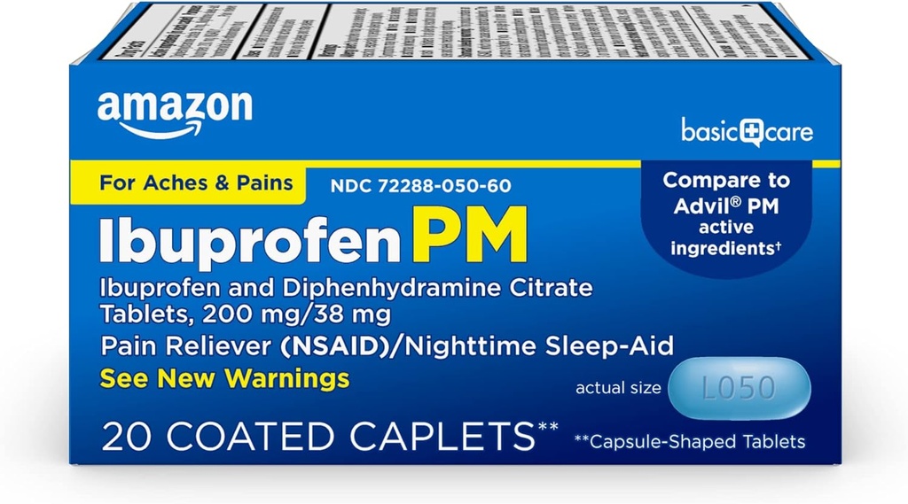 Soins de base Ibuprofène PM, Ibuprofène 200 mg et Diphénhydramine Citrate 38 mg Comprimés, soulagement de la douleur et aide au sommeil nocturne, 20 Compte