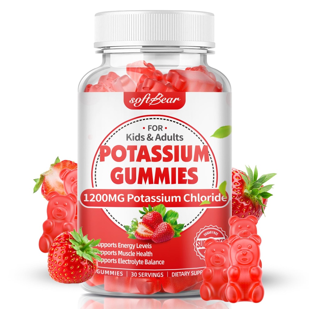 softbear Gommies de potassium pour les adultes, sans sucre Chlorure de potassium Gommies 1200mg Soutien Crampes de jambe et équilibre électrolytique Supplément de potassium de haute puissance, Fraise Flavor 60 Comte