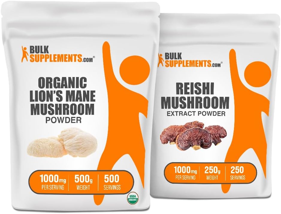 BulkSupplements Extrait de champignons de la Mane du Lion biologique + Reishi Extrait de champignons