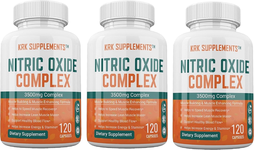 3 Bottles Nitric Oxide Complex 3500mg Per Serving L-Arginine HCL AAKG AKG Alpha Ketoglutarate Citrulline Malate 360 Total Capsules