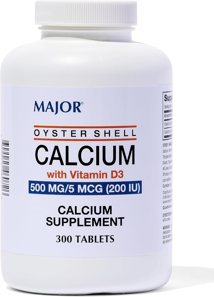 Major Oyster Shell Calcium avec vitamine D3 500 mg / 5 mcg (200 UI) - Supplément de calcium quotidien - 300 comprimés (1 emballage)