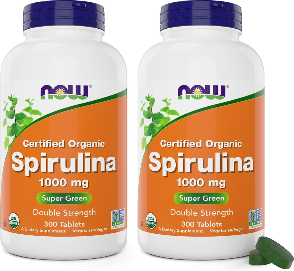 MAINTENANT Aliments Spiruline Biologique Comprimés de 1000 mg - 300 Compte (paquet de 2) - Non-OGM, supplément alimentaire complet super vert - Double résistance 1000 mg - Beta-Carotène (VIT A), B-12 et GLA