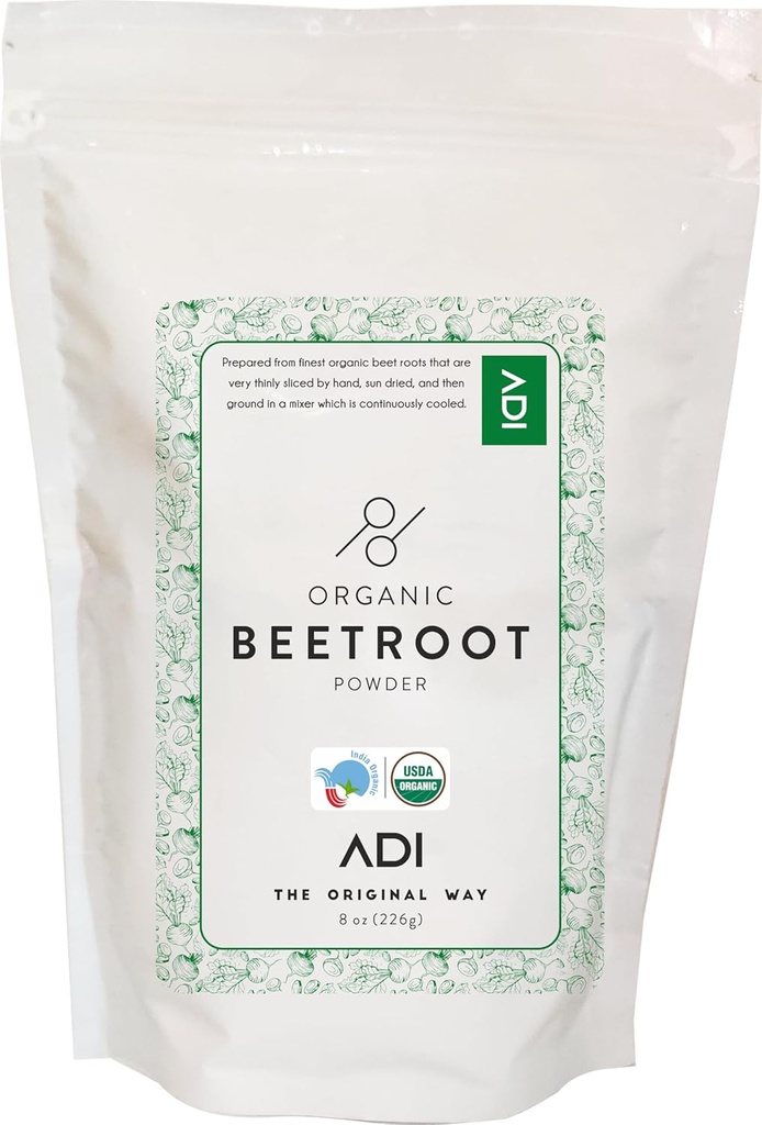 ADI USDA Certified Organic Beetroot Powder - 8oz, Nitric Oxide Booster, Raw Beetroot for Baking & Juice, Natural Red Food Coloring, Resealable Pouch