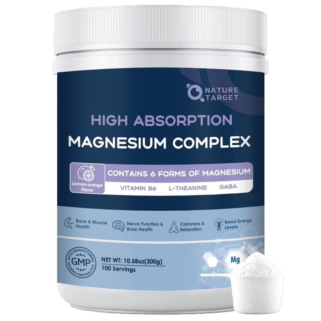 NATURE TARGET Supplément en poudre de magnésium avec Glycinate, Citrate, Malate, Complexe de magnésium avec L-Theanine et vitamine B6 pour le muscle, le coeur et le cerveau, Vegan, 10,58 oz (100 portions), Lemon Orange Saveur