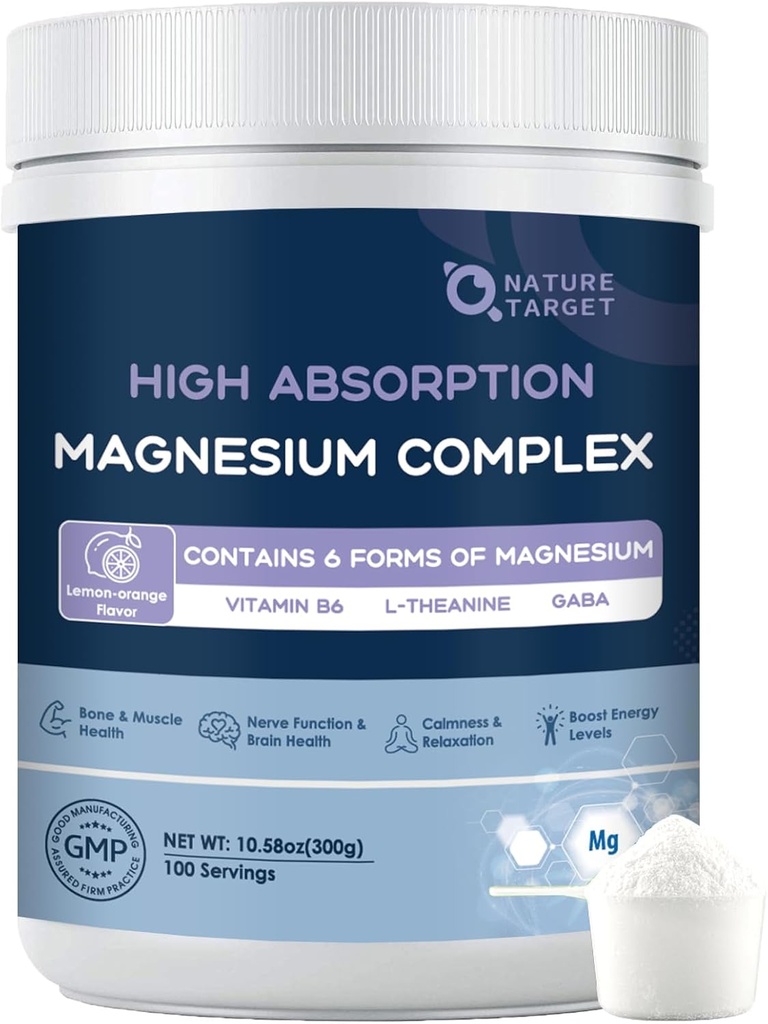 NATURE TARGET Supplément en poudre de magnésium avec Glycinate, Citrate, Malate, Complexe de magnésium avec L-Theanine et vitamine B6 pour le muscle, le coeur et le cerveau, Vegan, 10,58 oz (100 portions), Lemon Orange Saveur