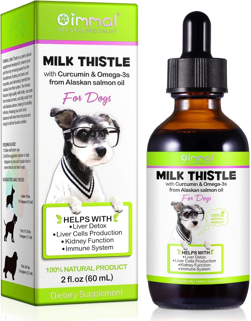 Chardon de lait pour chiens, gouttes de soutien du foie de chien - Chardon de lait de chien aide le foie de chien Detox, supplément animal traite avec l'huile de saumon, complexe Curcumine C3 et Omega 3 EPA & DHA, Bacon Flavor - 2 fl.oz