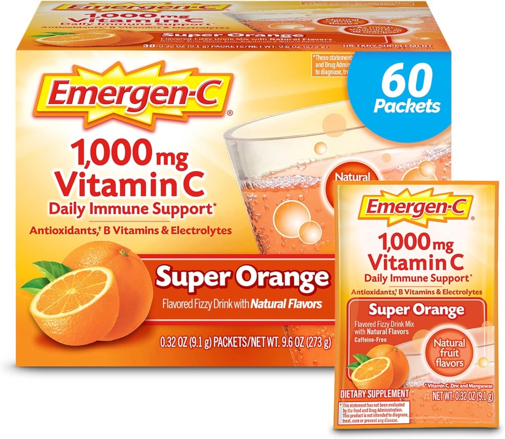 Emergen-C 1000mg Vitamine C Poudre pour Imune quotidienne Soutien Sans caféine Suppléments de vitamine C avec le zinc et le manganèse, B Vitamines et électrolytes, Super Orange Flavor - 60 Comte/2 mois d'approvisionnement