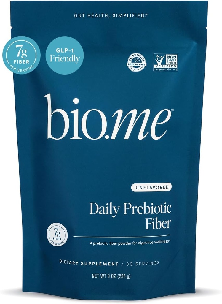 Bio.me Poudre quotidienne de fibre prébiotique non aromatisée - 7g par portion - Poudre de supplément de fibre soluble et soluble pour les femmes et les hommes - Santé digestive et santé de la gueule - BPL-1 amical, sans sucre - 30 portions