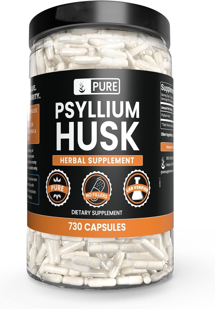 PURE ORIGINAL INGREDIENTS Psyllium Husk (730 Capsules) No Magnesium Or Rice Fillers, Always Pure, Lab Verified