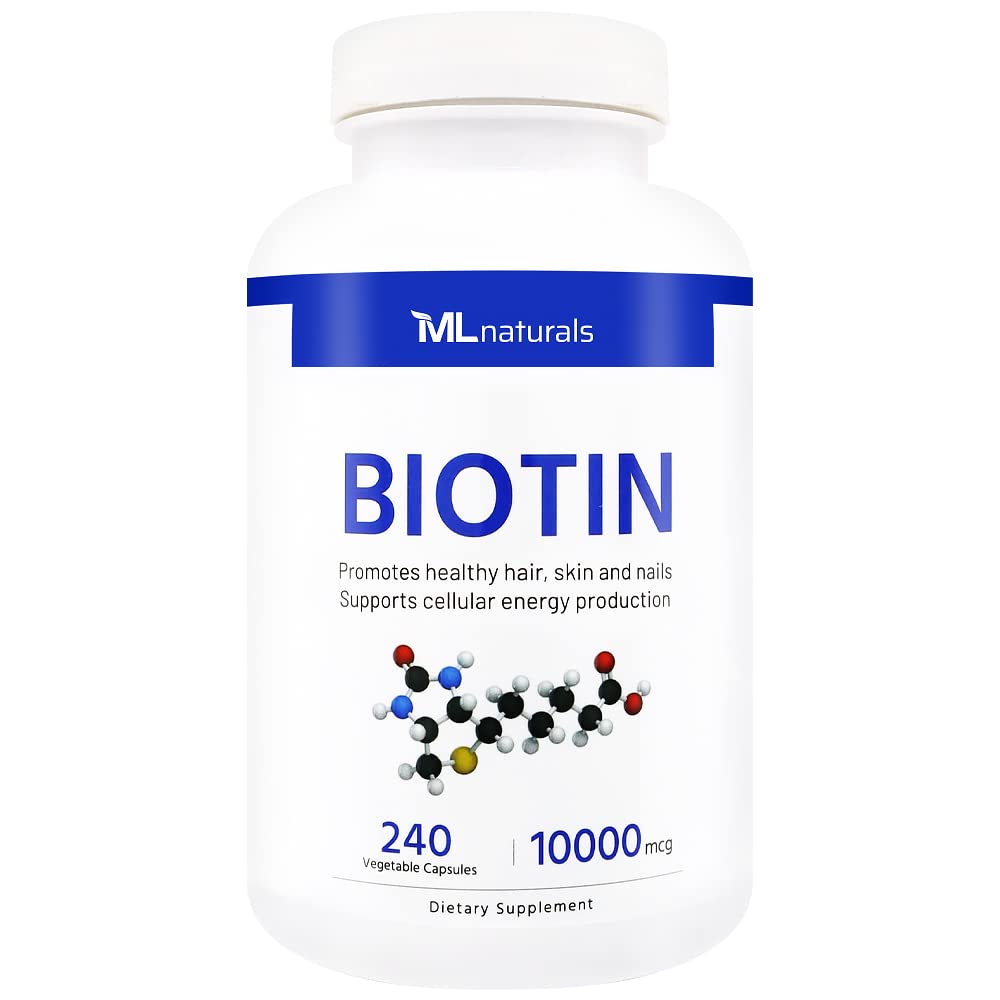 ML Naturals Biotin 10000 mcg 240 Capsules végétales. Soutient la production de cheveux, de peau, d'ongles et d'énergie sains, certifié NSF et conforme aux GMPc