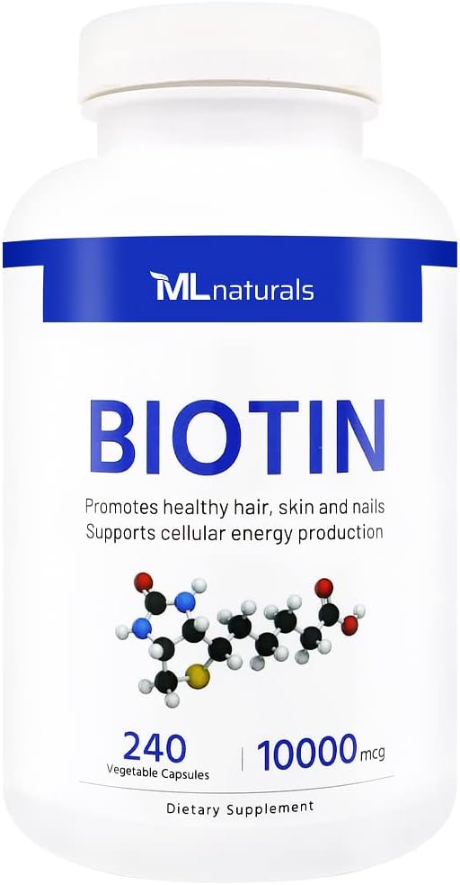 ML Naturals Biotin 10000 mcg 240 Capsules végétales. Soutient la production de cheveux, de peau, d'ongles et d'énergie sains, certifié NSF et conforme aux GMPc