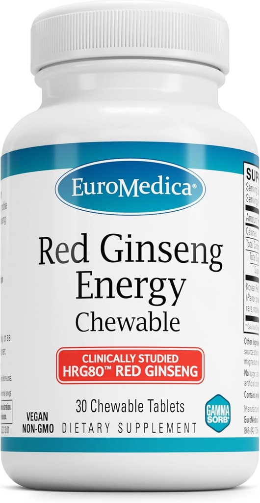 EuroMedica Red Ginseng Energy - Supplément pour soutenir l'énergie saine & Focus - Supplément à base de plantes avec la poudre de racine coréenne de ginseng rouge - Comprimés végétaliens pour aider à l'endurance saine - 30 comprimés à croquer