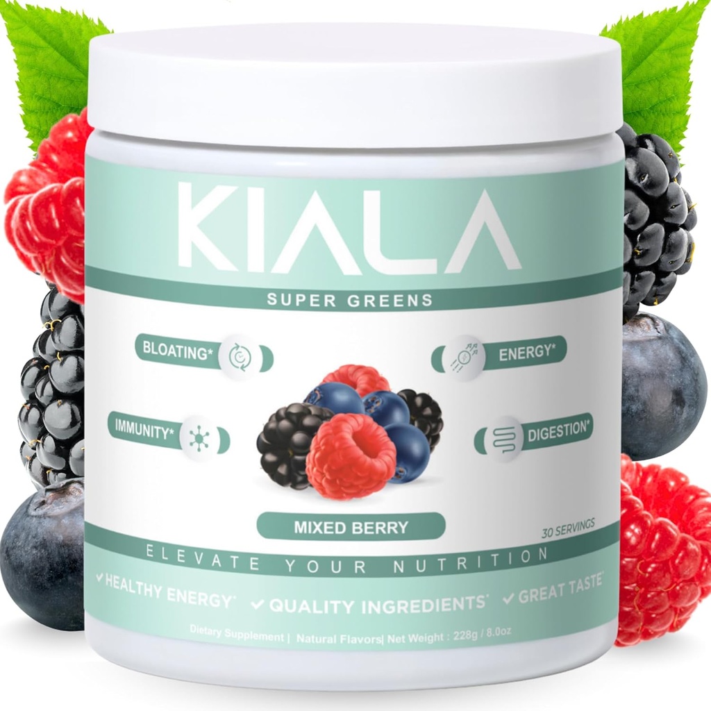 Kiala Nutrition Super Verts, Verts organiques Poudre avec Spiruline et Chlorella pour la digestion, Gut Santé, Immunité, Énergie, Sans gluten, Vegan, Sans sucre, Berry mélangé, Spectra Blend, 30 portions