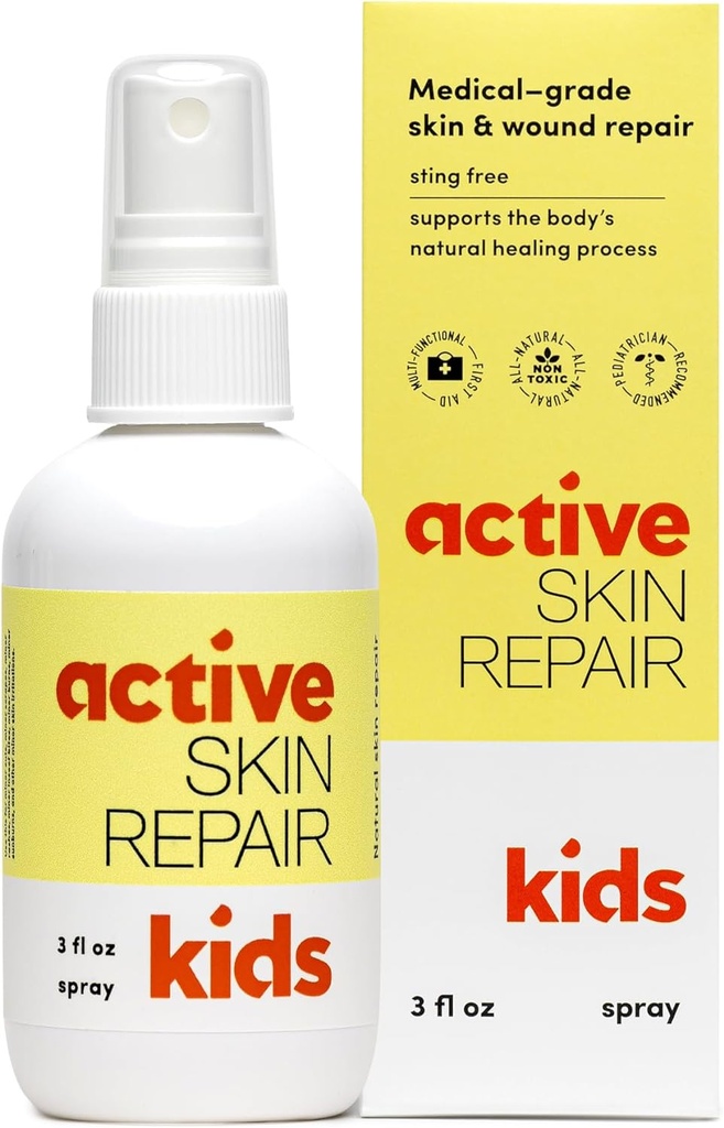 Spray de premiers soins actif pour la peau des enfants - Formule antiseptique non toxique et naturelle pour les enfants pour les coupures mineures, les plaies, les éclats, les coups de soleil et autres irritations cutanées (3oz Spray)