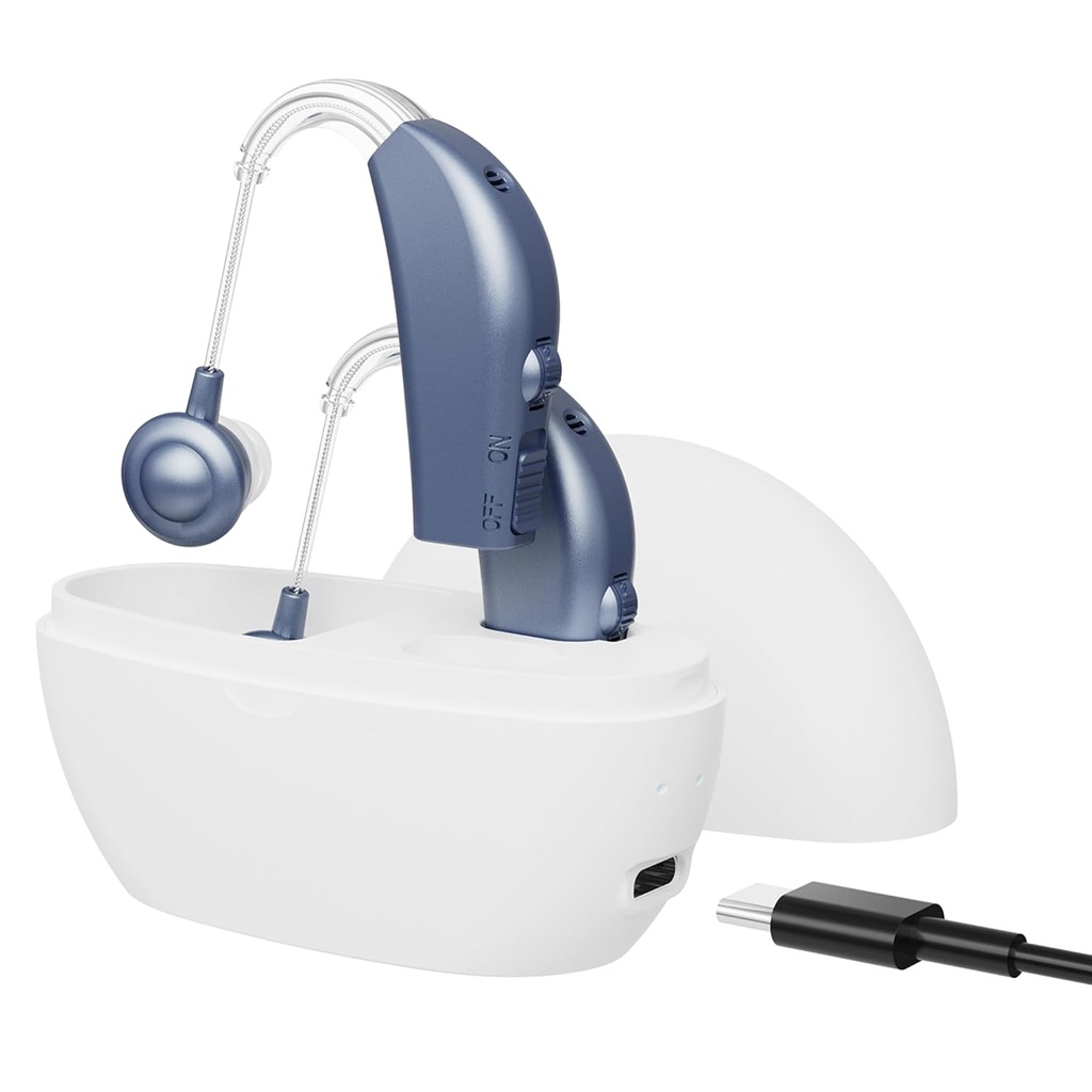 Aides auditives numériques pour les aînés - (paire de 2) Amélioration de l'audition personnelle derrière l'oreille Aid BTE Amplificateur de son du PASP, amplificateur d'audition numérique rechargeable avec batterie toute la journée, bleu moderne